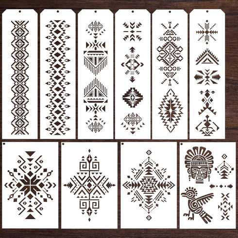 AFRITEE Aztec Stencils for Painting - 10 Pcs Aztec Themed Reusable Painting Stencils Set, Reusable DIY Journal Crafts Templates for Home Canvas, F...