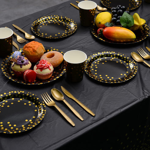 201 Black and Gold Party Supplies, Golden Dot Disposable Party Dinnerware - Black Paper Plates Napkins Cups, Gold Plastic Forks Knives Spoons for ...