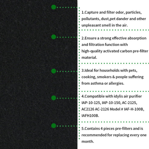 4 Pack Activated Carbon Pre-filter Machine Precut Compatible with Idylis Air Purifiers AC-2125,AC-2126,IAP-10-125, IAP-10-150,Model # IAF-H-100B,I...
