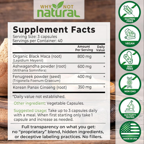 Why Not Natural 4-in-1 Organic Black Maca Root, Ashwagandha, Fenugreek, Panax Ginseng Capsules, Supplement for Men and Women (120 Count (Pack of 1...
