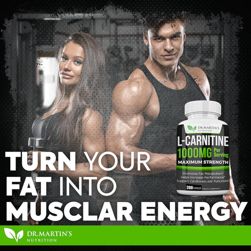 DR. MARTIN'S NUTRITION Extra Strength L-Carnitine - 200 Capsules - 1000mg Per Serving - Boost Your Metabolism and Increase Performance...