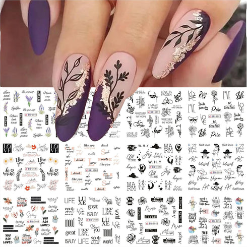 12 Sheets Flower Water Transfer Nail Decals Black English Letter Leaves Stickers for Nail Flower Tulip Nail Decals Water Transfer Nail Art Supplie...
