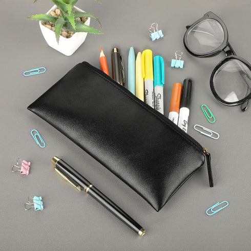 MROCO Pencil Case Black Pencil Bag PU Leather Pen Case Small Zipper Pouch for Pencils, Pens, Markers, Makeups, Change, Coins...