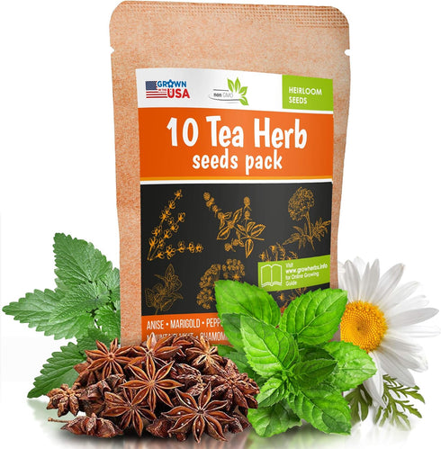 10 Herbal and Medical Tea Seeds Pack - Heirloom and Non GMO, Grown in USA - Indoor or Outdoor Garden - Chamomile, Lavender, Mint, Lemon Balm, Catn...