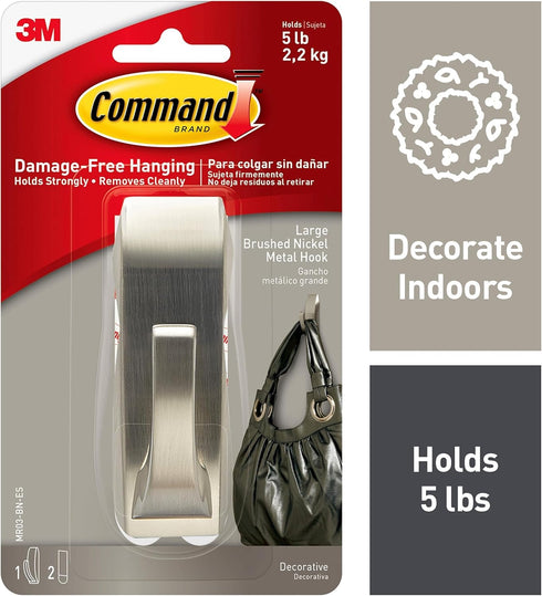 Command Large Modern Reflections Metal Hook, Brushed Nickel, 1-Hook, 2-Strips, Decorate Damage-Free...