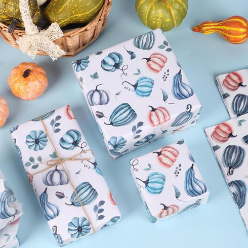 100 PCS Blue White Pumpkin Tissue Paper for Gift Wrapping, Pumpkin Pattern Tissue Paper for Blue White Thanksgiving Fall Harvest Party Decor Decou...