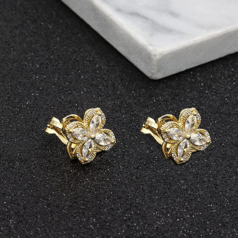 YOQUCOL Cubic Zirconia Crystal Rotatable Flower Shaped Golden Clip On Earrings Non Pierced Golden Stud for Women...