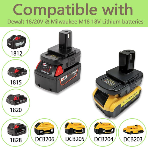for Dewalt & for Milwaukee to Ryobi Battery Adapter, Fit for Dewalt 18v-20v & for Milwaukee 18v M18 Lithium Batteries, DM18RL converter use for Ry...