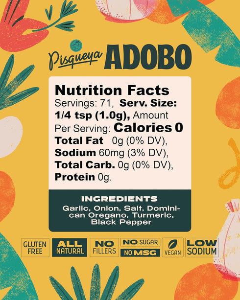 Pisqueya Adobo Multi-Purpose Seasoning, made with Dominican oregano. Low Sodium, No Sugar, No-MSG, Non-GMO, No Preservatives, No Artificial Colori...