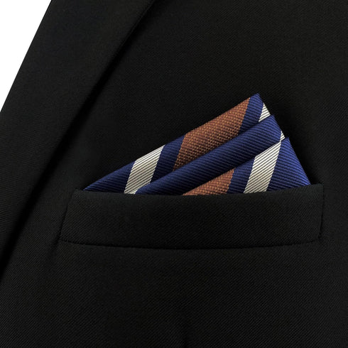 S&W SHLAX&WING Striped Pocket Square for Men Navy Blue with White Brown Stripes Business...
