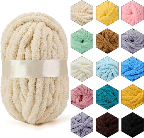 Chenille Chunky Yarn Super Bulky Soft Thick Fluffy Jumbo Giant Washable Polyester Big Yarn DIY for Arm Knit Blanket Cushion Bed Sofa Home Decor,Be...