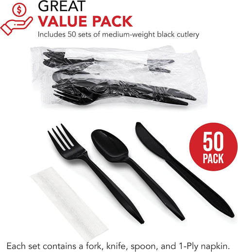 Party Essentials Individually Wrapped Plastic Cutlery Packets/Silverware Kits, Black Fork/Spoon/Knife/Napkin, 50 Sets...