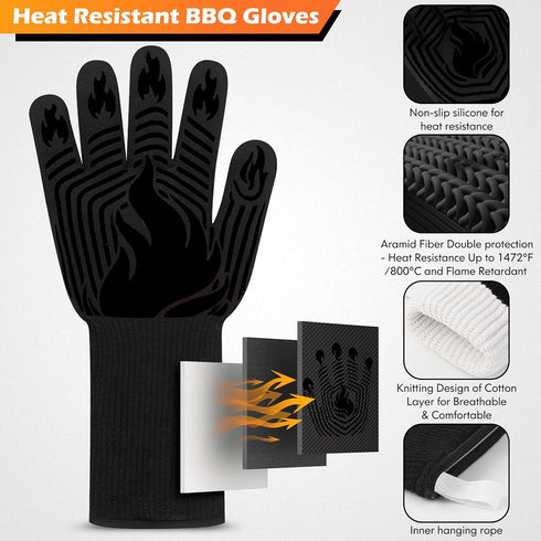 BBQ Gloves, 1472°F Heat Resistant Fireproof Mitts, Silicone Non-Slip Washable Oven Kitchen Gloves for Barbecue, Grilling, Cooking, Baking, Camping...