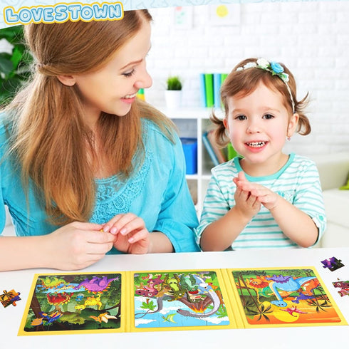 LovesTown Magnetic Travel Puzzles Book, Dinosaur Wooden Magnetic Puzzles for Toddlers Learning Magnetic Puzzles for Road Trip...