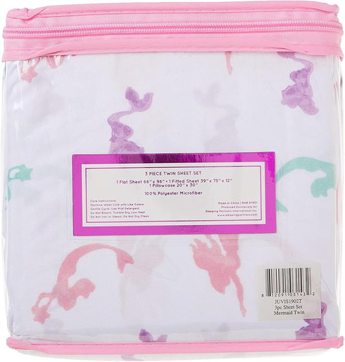 3-Piece Multicolored Mermaid Sheet Set for Kids & Girls - 1 Twin Flat Sheet, 1 Twin Fitted Sheet & 1 Queen Pillowcase, Soft Brushed Microfiber Pol...
