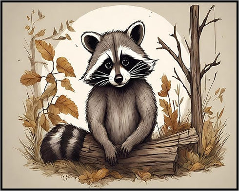 Posterizer 1 pcs- Sad raccoon sitting behind a trunk-Art for Animal Lovers-Floral Botanical Art- Gift for Men Women Entrepreneur Teens-Decor for H...