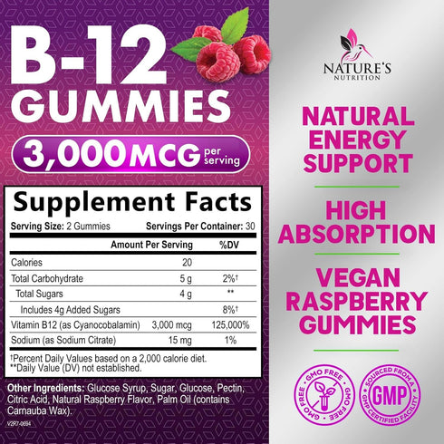 B12 Gummies for Adults, Extra Strength Energy 3000 mcg - B-12 Energy Metabolism & Immune System Support - Chewable Dietary Supplement for Adults &...
