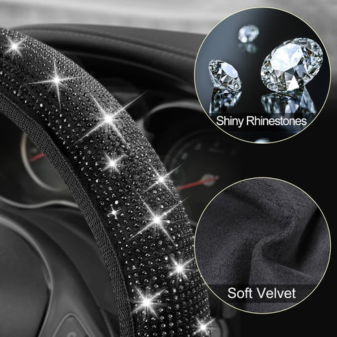 Bling Diamond Car Steering Wheel Cover, Anti-Slip Soft 14.5-15.5 Inch Sparkly Rhinestone Steering Wheel Protector for Women Men, Universal Fit Mos...