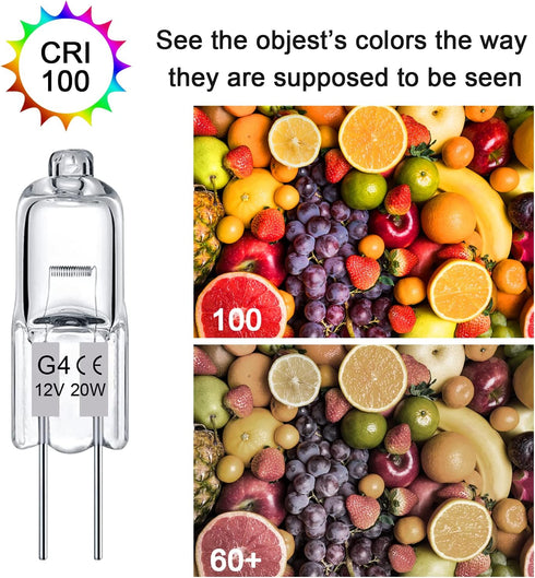 TAIYALOO G4 Bulb 12 Pack Crystal Clear Halogen Light Bulb 2 Pin 12V 20W JC T3 Bi-Pin G4 Base Dimmable 2700K Warm White 2 Prong Light Bulb for Unde...