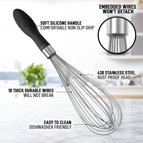 Zulay 11-Inch Stainless Steel Whisk - Balloon Whisk Kitchen Tool With Soft Silicone Handle - Thick Durable Wired Whisk Utensil For Blending, Beati...