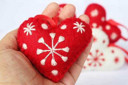 Hearts Christmas Ornaments Set of 4-Snowflake 100% Pure New Zealand Wool Handmade Eco-Friendly Valentine's Day Decor Shower Nursery Decoration Fai...