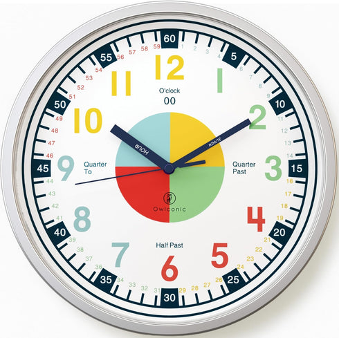 OWLCONIC Non Ticking Analog Clock for Kids Learning to Tell Time, Teaching Clock for Kids Wall, Clocks for Classroom, Homeschool Decor, Bedrooms, ...