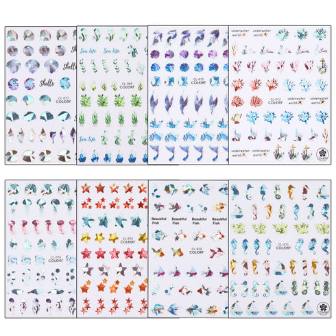 Sea Animals Nail Art Adhesive Sticker 3D Self-Adhesive Nail Decals Art Design Holographic Shell fish Jellyfish Nail Art Sticker Decoration for Wom...