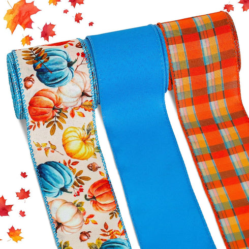 3 Roll Fall Wired Edge Ribbon 30 Yards 2.5 Inch Blue Orange Autumn Thanksgiving Pumpkin Buffalo Plaids Ribbon for Bow Wreath Craft Gift Wrap Farmh...