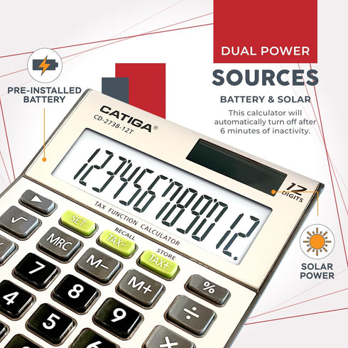 Desktop 12-Digit Business Calculator with Dual Power, Solar and Battery, for Basic, Finance and Tax Calculations, Desk Calculators for School or O...