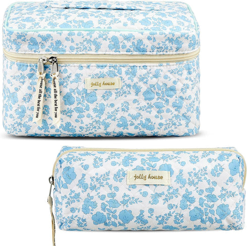 2 Pcs Cotton Quilted Makeup Bag Floral Cotton Cosmetic Bag Large Coquette Make up Pouch Aesthetic Floral Toiletry Bag for Women Girls Home Bathroo...