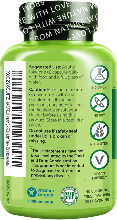 NATURELO Vitamin D - 5000 IU - Plant Based from Lichen - Natural D3 Supplement for Immune System, Bone Support, Joint Health - High Potency - Vega...