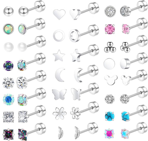 23 Pairs Hypoallergenic Titanium Earrings for Women Cute Heart CZ Flower Pearl Ball Tiny Flat Back Earrings G23 Titanium Earrings for Sensitive Ea...