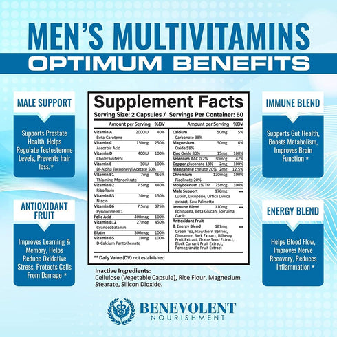 Benevolent Nourishment Multivitamin for Men - Supports Energy & Overall Health - Essential Daily Vitamins for Men, Biotin, Magnesium, Zinc & Antio...