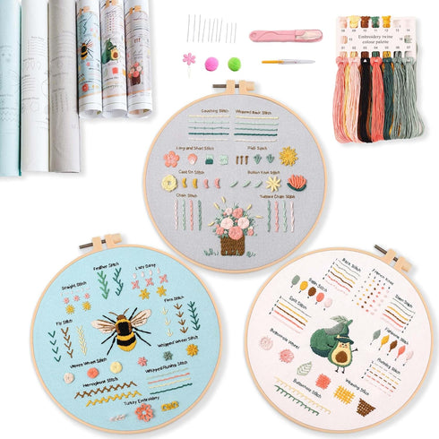 REEWISLY 3 pcs of Embroidery kit with Patterns and Instructions, DIY Adult Beginner Cross Stitch Kits, Including 1 Plastic Embroidery Hoop, 1 Pair...