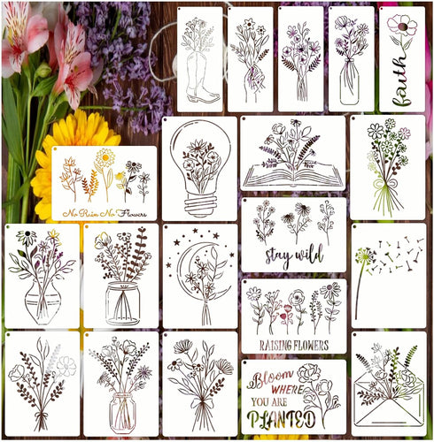 20 Flower Stencils for Painting Wildflower Reusable Stencil Large Floral Bouquet Template Paint Stencils for Painting on Wood Burning Wall Home Si...