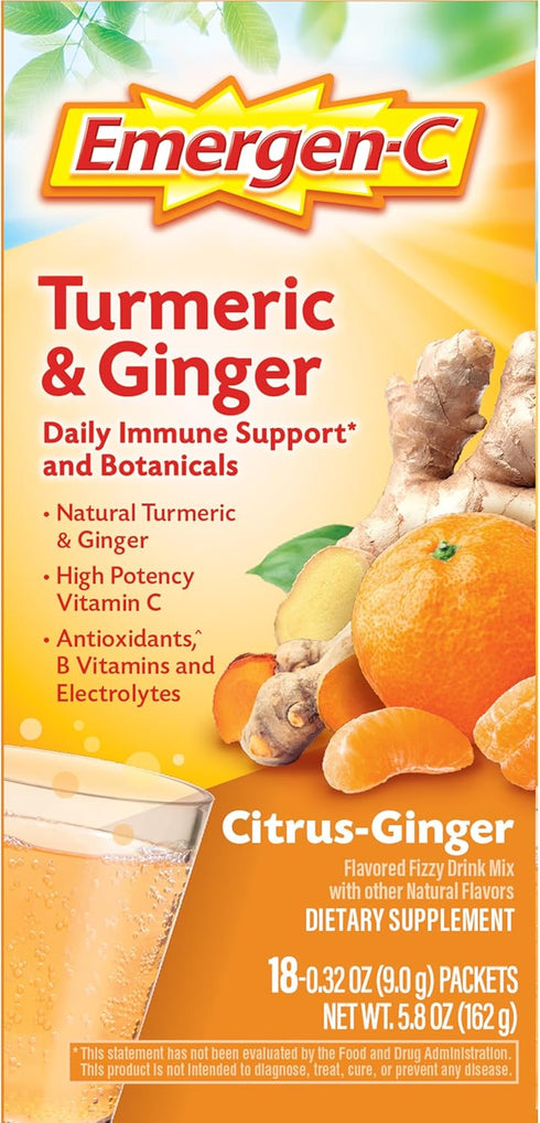 Emergen-C Citrus-Ginger Fizzy Drink Mix, Turmeric and Ginger, Immune Support, Natural Flavors with High Potency Vitamin C, 18 Count...