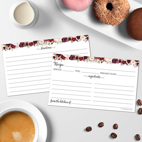 321Done Recipe Cards (Set of 50) Small Floral 3" x 5" - Double-Sided for Weddings, Bridal Shower - Made in USA - Watercolor Red Roses, White From ...