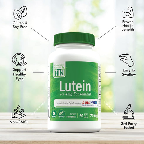 Health Thru Nutrition Lutein 20mg with Zeaxanthin 4mg | Marigold Extract in Nature Identical 5:1 Ratio | Supports Healthy Eye, Skin and Brain Func...
