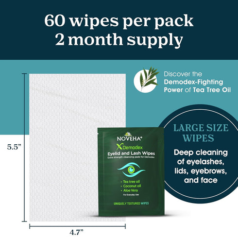 NOVEHA Demodex Eyelid & Lash Wipes | Box Of 60 Individually Wrapped Extra Strength Cleansing Eyelash Wipes - Battle Itchy & Irritated Eyes associa...