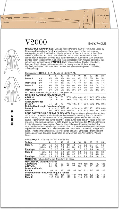 Vogue V2000U5 Misses' Wrap Dress Sewing Pattern Packet by Diane Von Furstenberg, Design Code V2000, 16-18-20-22-24, Multicolor...