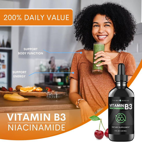 Liquid Vitamin B3 (as Niacinamide) Supplement - Non Flush Form of Niacin - Convenient Niacin Drops for Women and Men - 4 oz (120ml)...