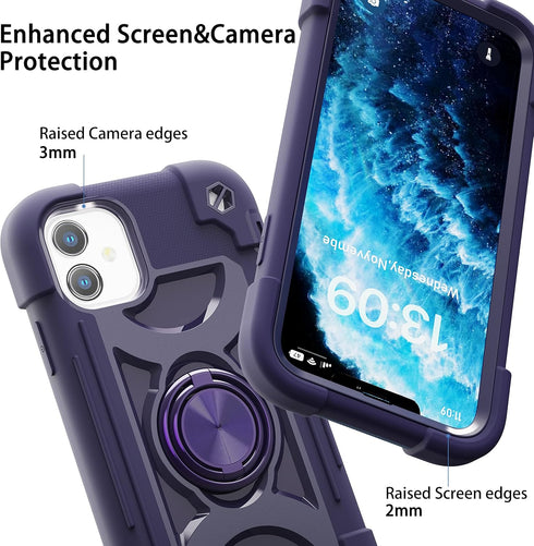 for iPhone 11 Case 6.1 Inch with Ring Stand, with 2 Pack Glass Screen Protector ?Heavy-Duty Shockproof Rugged Military Grade Cover with Magnetic C...