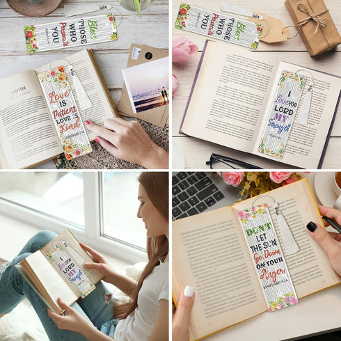 8 Pieces Christian Bible Verse Diamond Art Bookmarks 5d Diamond Art Bookmark Christian Beaded Bookmark Acrylic Tassel Bookmark for DIY Making Begi...