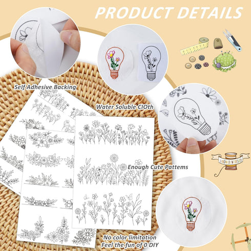 Water Soluble Embroidery Stabilizer - CRASHOT 3 Sheets 26 Pcs Stick and Stitch Embroider Paper Wash Away, Embroidery Patterns, Flower Floral leave...