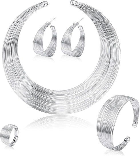 ORAZIO Bib Choker Statement Necklaces for Women Cuff Bracelet Open Hoop Stud Earrings Ring African Chunky Costume Jewelry Set...