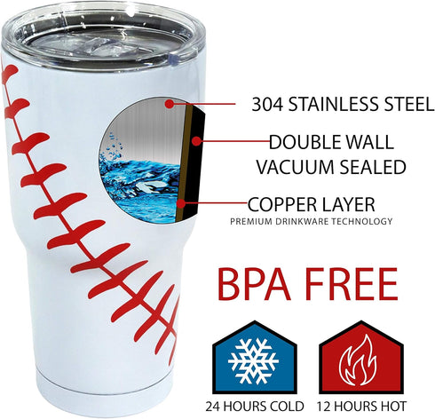 Urbanifi Baseball Tumbler 30 oz Cup with Straw, Lid, and Cleaner Gift for Mom Men Sports Travel Coffee Mug, Stainless Steel, Insulated, Powder Coa...