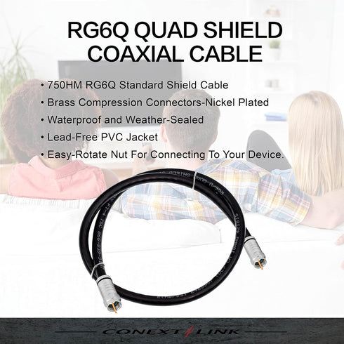 Conext Link RG6 Quad Shield Coaxial Cable F Connector 18 AWG 3GHZ 75 Ohm Sat TV (3FT, Black) ?33001?...