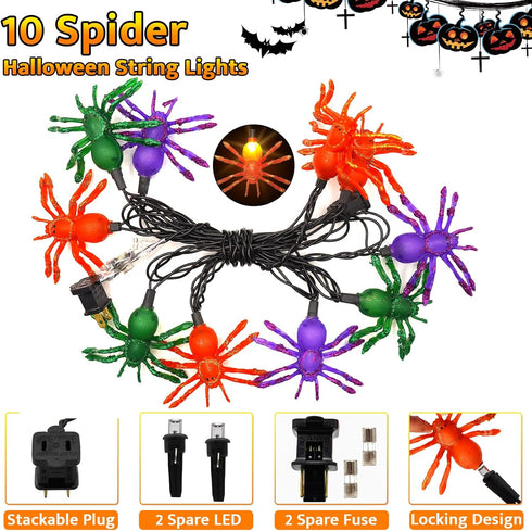 Spider String Lights for Halloween, 8.5 Ft Spider String Lights with 10 LEDs Colorful Spider Lights Perfect for Parties, Yard Door, Bars, Black Wi...