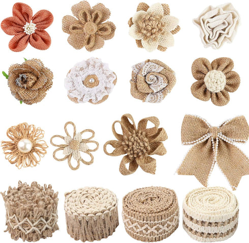 VGOODALL 16 PCS Natural Burlap Flowers Set, Including 12 PCS Handmade Lace Burlap Flowers and Bowknots, 4 Rolls Burlap Ribbon for Christmas Birthd...