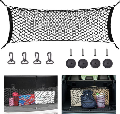 zxbaers Car Rear Cargo Net (35.4"x15.8"), Envelope Style Elastic Trunk Net Organizer Heavy Duty Stretchable Nylon Storage Net Mesh with Hooks for ...